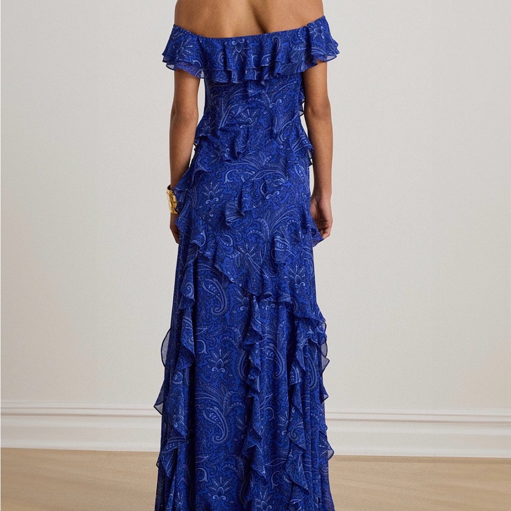 Lauren Ralph Lauren Royal Blue Off-the-Shoulder Ruffle Paisley Maxi Dress